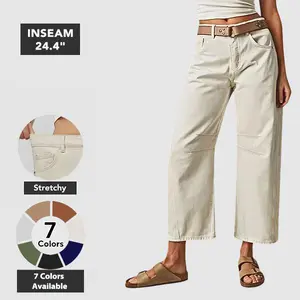 Flamingals Solid Stitch Detail Mid Waist Crop Baby Barrel Pants Without Belt Casual Summer Vibes