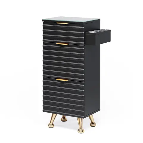OmySalon Durable Alloy Commercial Salon Table for Hair Stylists - Modern Blister Process Salon Furniture with Heatproof Glass Removable Top, Drawers, Hot Tool Holder, Tool Cabinet, Storage, Easy to Use, Assembly Required