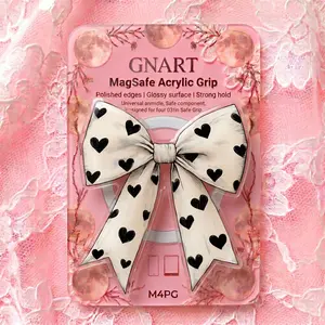 Cute Heart Print Ribbon Phone Grip Coquette Bow Acrylic Stand MagSafe Compatible Magnetic Phone Holder Trendy Soft Girl Aesthetic Tech Accessory for iPhone