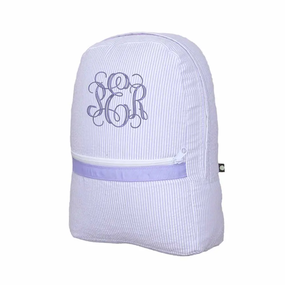 Lilac Seersucker Small Backpack with White Striped Design and Purple Strap