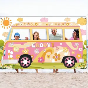 2D Flat Banner Hippie Bus Photo Prop, Groovy Party Decoration, Retro Daisy Background Banner, 60s 70s Party Gift, No Power Needed