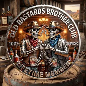[Sale up to 50%] [Free Ship] Brotherhood Lifetime Member Coin - Old Bastards Brotherhood Club Challenge Coin - Unique Whiskey & Skeleton Cowboy Gift for Men