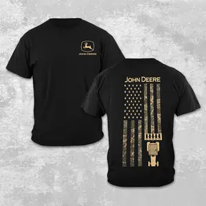 Vintage John Deere Tractor Vintage Tee, Country Boys Fan Merch | John Deere Deer Logo Front Camo American Flag Tractor Back Graphic T-Shirt, Patriotic Farming Retro Short Sleeve Heavyweight Cotton Country Lifestyle Tee