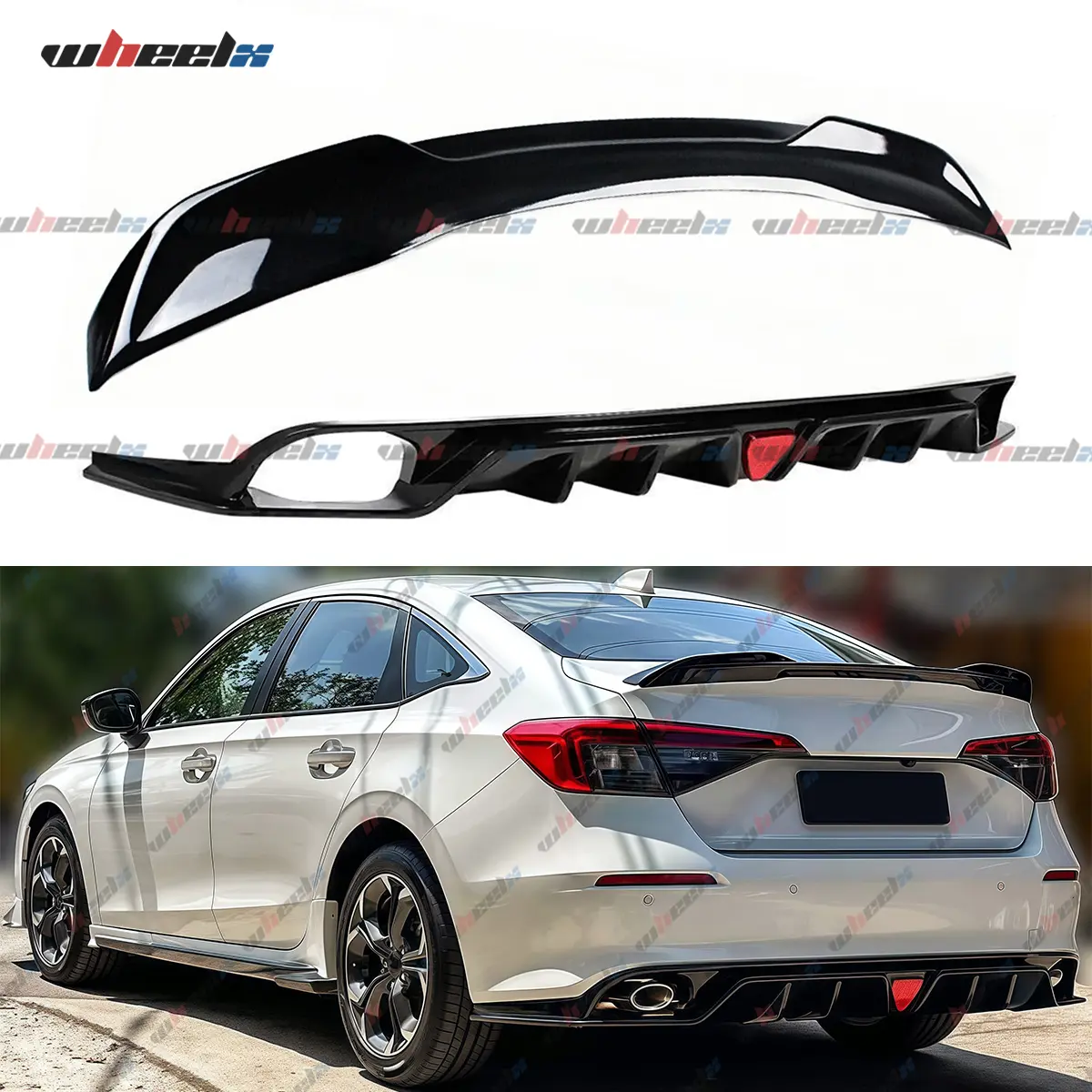 2022-2026 Honda Civic Sedan – 2-Piece MC Style Rear Diffuser with Red LED Brake Light & Trunk Spoiler Wing | Shark Fin F1 Style | Gloss Black | Sedan Only