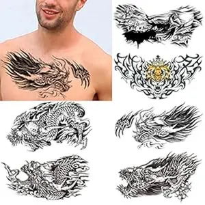 Dragon Temporary Tattoo for Men, 6-Pack Large Realistic Back Chest Tattoos Stickers, Long-lasting Horizontal Tiger Death Fake Tattoos, Makeup for Adults Body Shoulder
