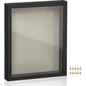 8x10 Shadow Box Frame, Top Loading Display Case Frame , Glass Front with Top Slot and Push Pins, Linen Fabric Backing for DIY Craft,  Idea, Black URPF007B01