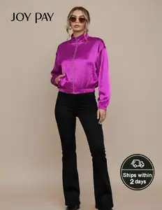 JOYPAY Vibrant Fuchsia Satin Zip-Up Jacket Coats - Eye-Catching Color, High-Collar Look, Versatile for Any Outfit, Basic Pieces