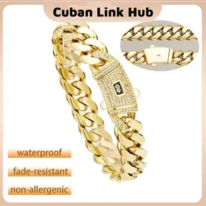 Cuban Link Hub Luxury Bracelet 14K Gold-Plated Waterproof Fade-Resistant Non-Allergenic 6mm-14mm Sizes for Casual Business Leisure