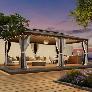 14x20 Hardtop Gazebo, Rustproof Galvanized Steel Double Roof & Wood-Grain Aluminum Frame, Mosquito Netting & Curtains Included for Patio Deck