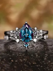 Water Drop Colorful Edge Flower Imitation Zircon Ring Set, Artificial Gemstone Ring, Wedding Couple Anniversary Jewelry, Two Piece Set