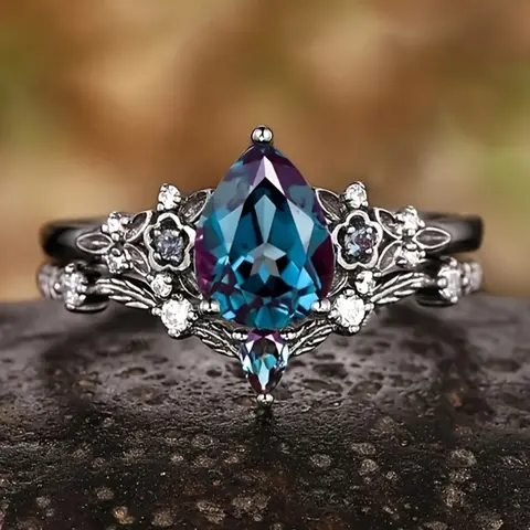 Water Drop Colorful Edge Flower Imitation Zircon Ring Set, Artificial Gemstone Ring, Wedding Couple Anniversary Jewelry, Two Piece Set, Beautiful Rings, Matching Rings