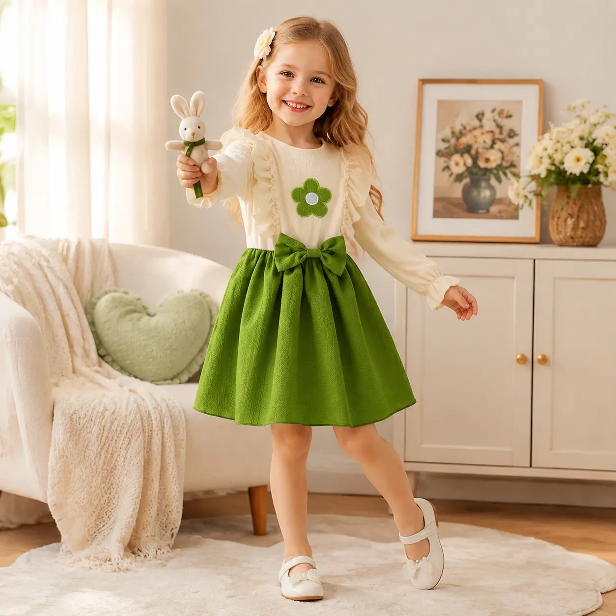 Girls Long Sleeve Green & Cream Boutique Dress, Ruffle Shoulder Party Dress with Flower Patch & Large Bow, Stylish Spring Autumn Clothes for Kids 4-7 Years Old, Cute Toddler Princess Fashion Outfit