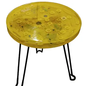 Yellow Flower Table - 14-Inch Handmade Table with Foldable Legs & Matching Flower Cup Coasters - Elegant Decorative Side Table for Nature Lovers