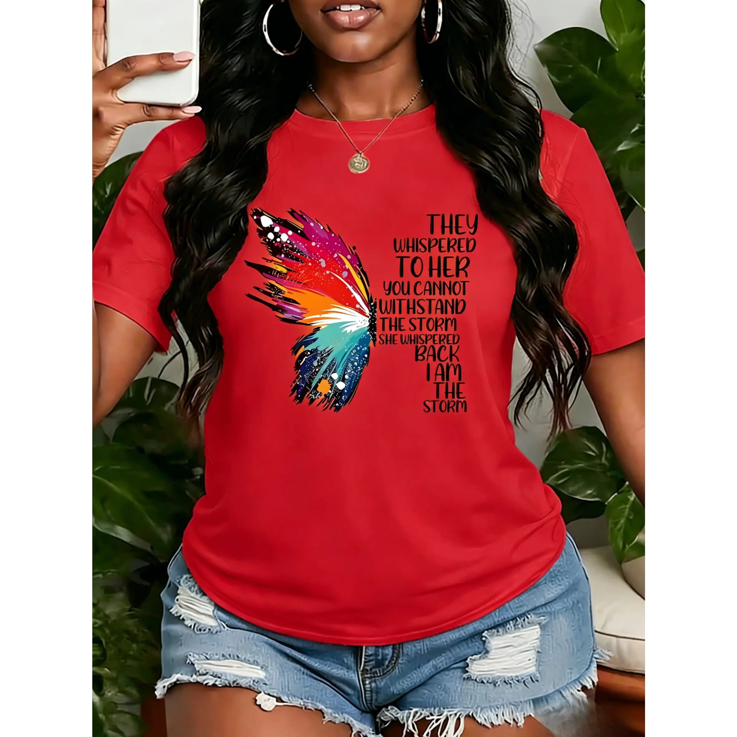 Women's Empowerment T-Shirt, "I Am The Storm" Quote with Colorful Butterfly, Black Casual Apparel