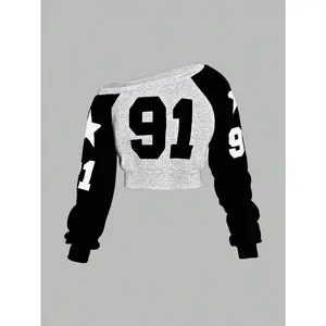 Women’s casual color‑block sweatshirt with collegiate numeric graphic, oblique shoulder design, long sleeves; autumn/fall women’s wear that can be paired with a raincoat.