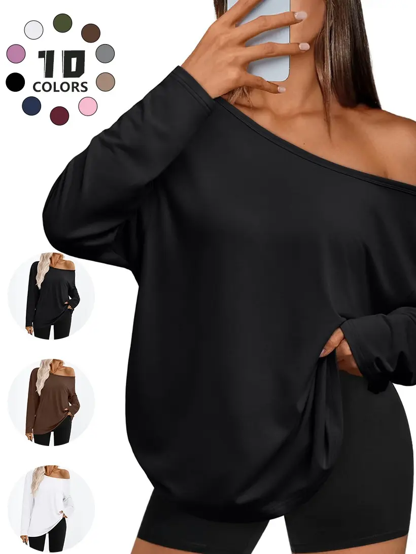 LIFE KEEPS MOVING women’s solid-color classic basic loose pullover top, sexy off-shoulder casual long-sleeve drop-shoulder sweatshirt, fashionable spring/autumn top, gift