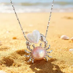 Cute Crab & Heart Pearl Pendant Necklace, Hypoallergenic Sterling Silver Jewelry, Ideal as a Thoughtful Gift for Cancer Zodiac Signs, Beach Lovers, Birthdays, or Anniversaries