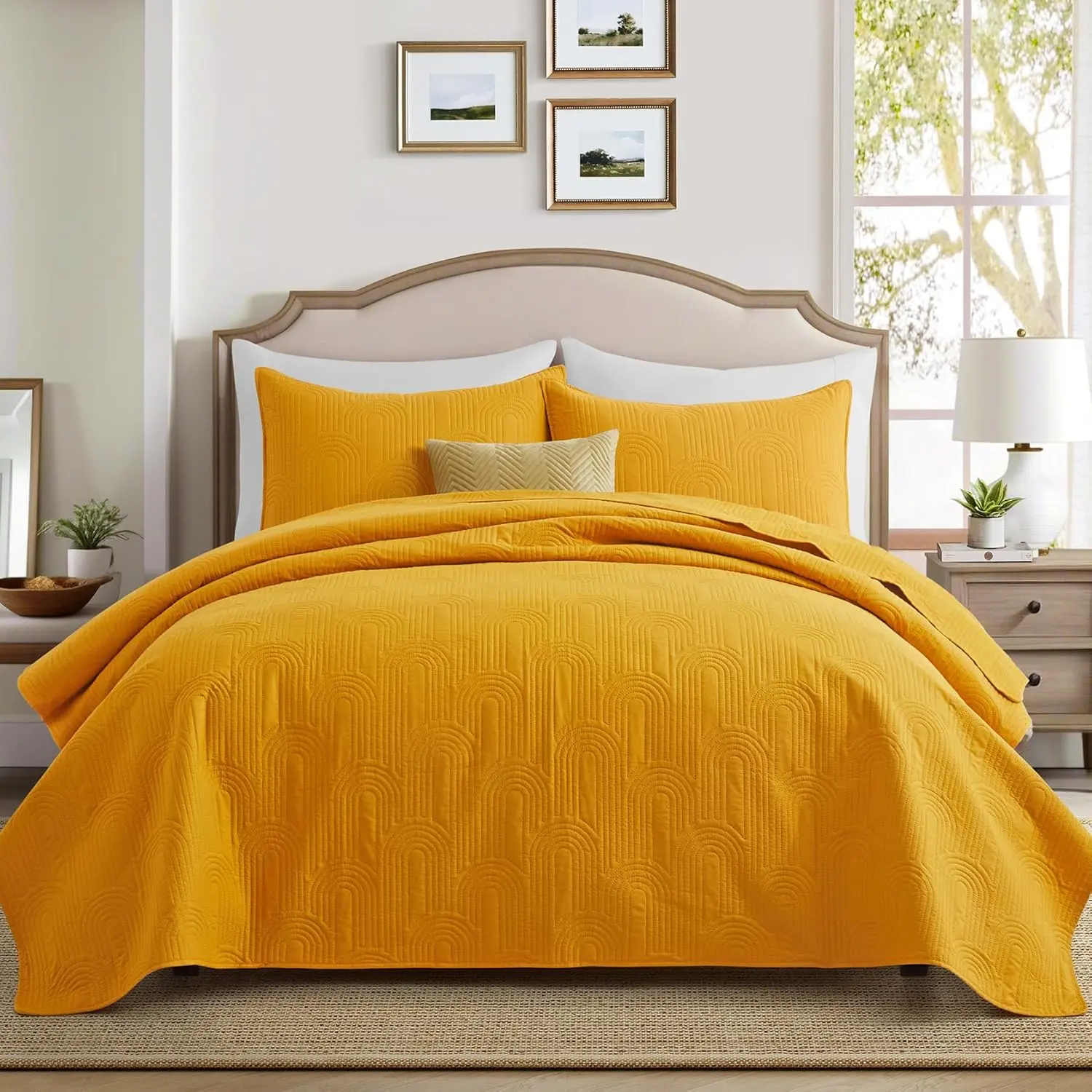 Quilt Queen Size with Pillow Shams, Summer Lightweight Full Size Arch Pattern Bedspreads, Microfiber Thin Comforter Coverlet for Seasons - Mustard Yellow, 90"x96"