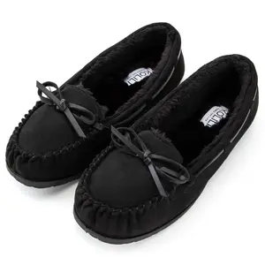 KOLILI Womens Faux Fur Moccasin Slippers, Indoor Outdoor Warm & Cozy House Shoes with Durable Rubber Sole Black