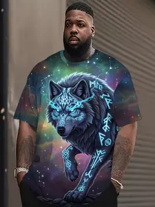 Men's Cool Galaxy 3D Print T-Shirt, Viking Runes Wolf Pattern, Street Style Loose Fit Short Sleeve Top, Casual Long Clothing
