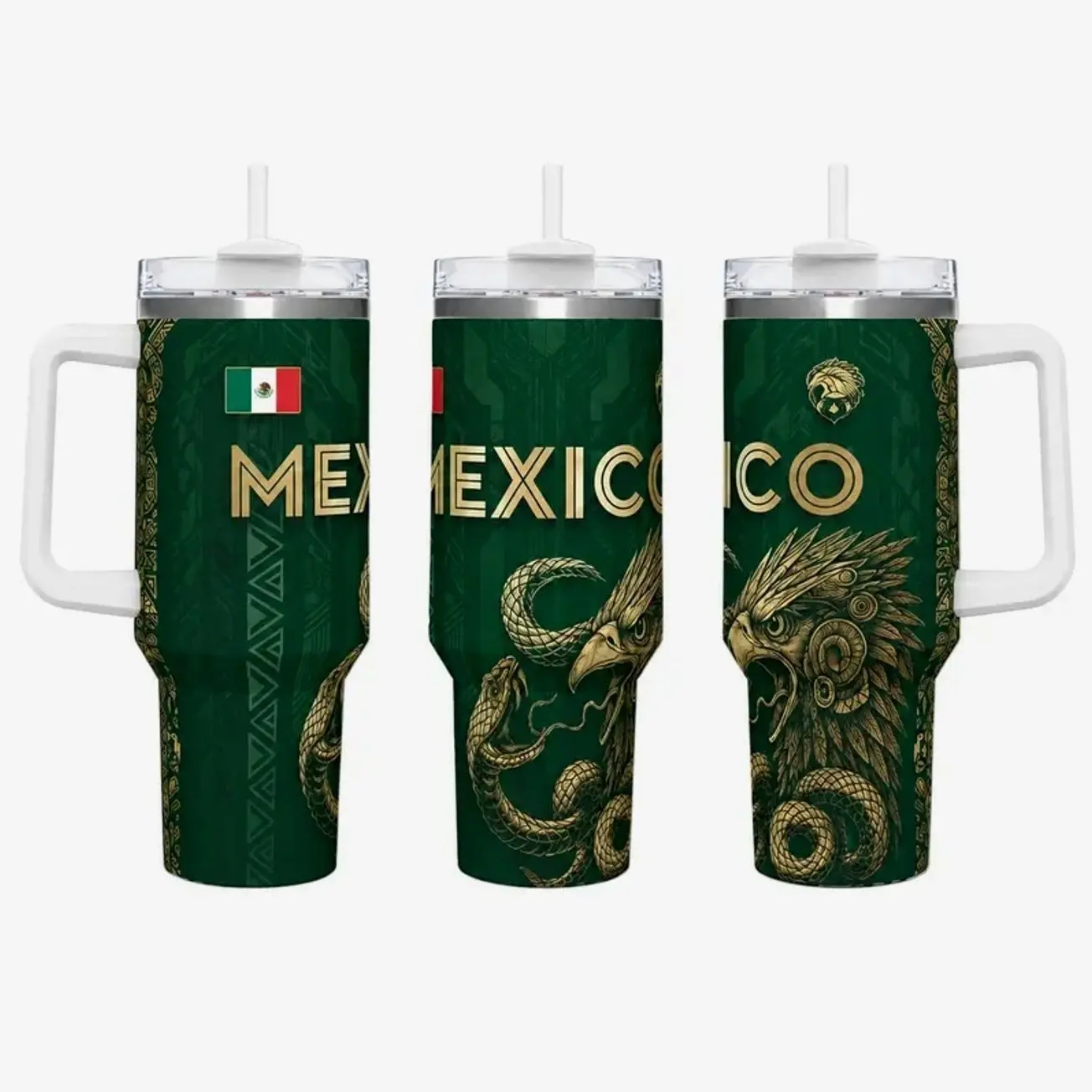 Mexico Inspired Tumbler, 40oz Travel Mug with Handle, Insulated Stainless Steel Cup, Patriotic Mexican Gift