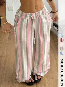 Women's High Waist Striped Pants, Loose Everyday Summer Wear, Comfortable Elastic Waist, Vertical Stripe Design, Lightweight Fabric