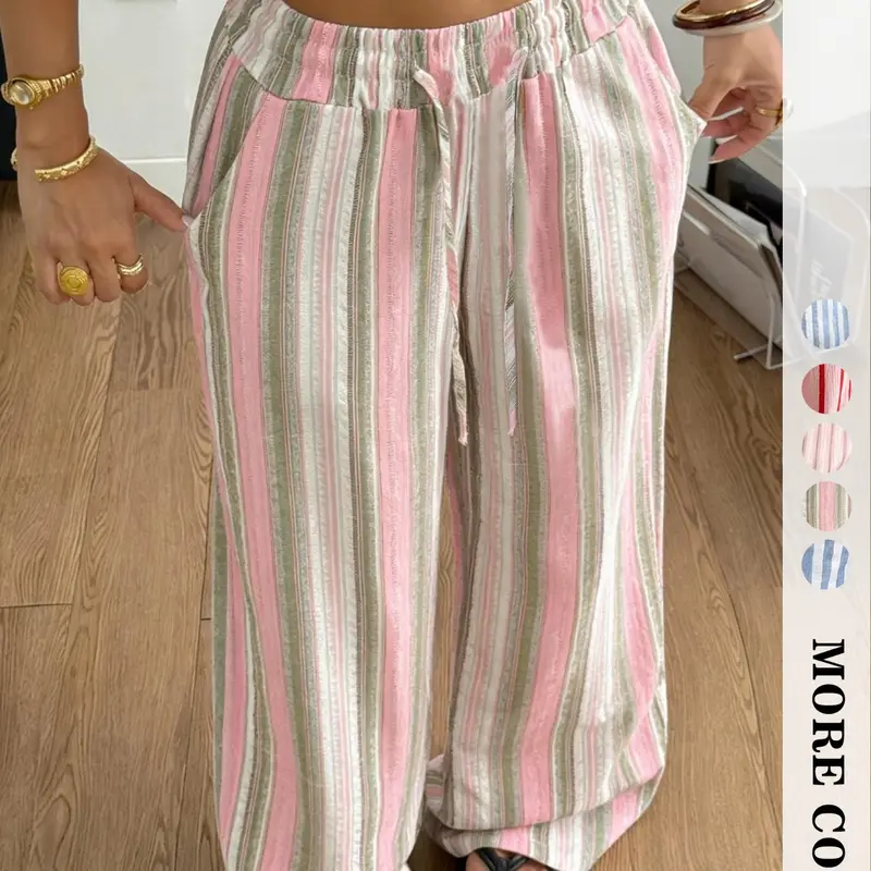 Women's High Waist Striped Pants, Loose Everyday Summer Wear, Comfortable Elastic Waist, Vertical Stripe Design, Lightweight Fabric, Casual Fashion Bottoms