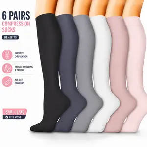 Knee High Compression Socks - Support Socks for Nurses, Travel, Running, Everyday Use, Boost Circulation & Reduce Fatigue, Multi-Color Pack（6 Pairs）