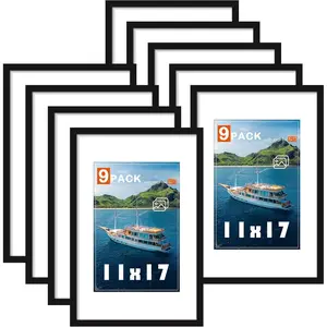 11x17 Picture Frame Set of 9, Display Pictures 8x12 with Mat or 11x17 without Mat, Photo Frame for Horizontal or Vertical Wall Display, Black