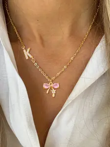Women's Stainless Steel Chain Necklace, Casual Style CZ Bling Zirconia Initial Bowknot Pendant Design, Durable & Lightweight Jewelry Accessory for Women, Exquisite Jewelry Gift