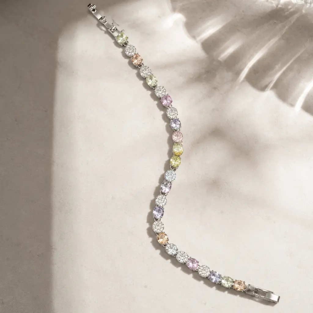 Silver-Tone Pastel 6A CZ Bracelet, Crystal-Clear Color Pop, Icy Fire Sparkle