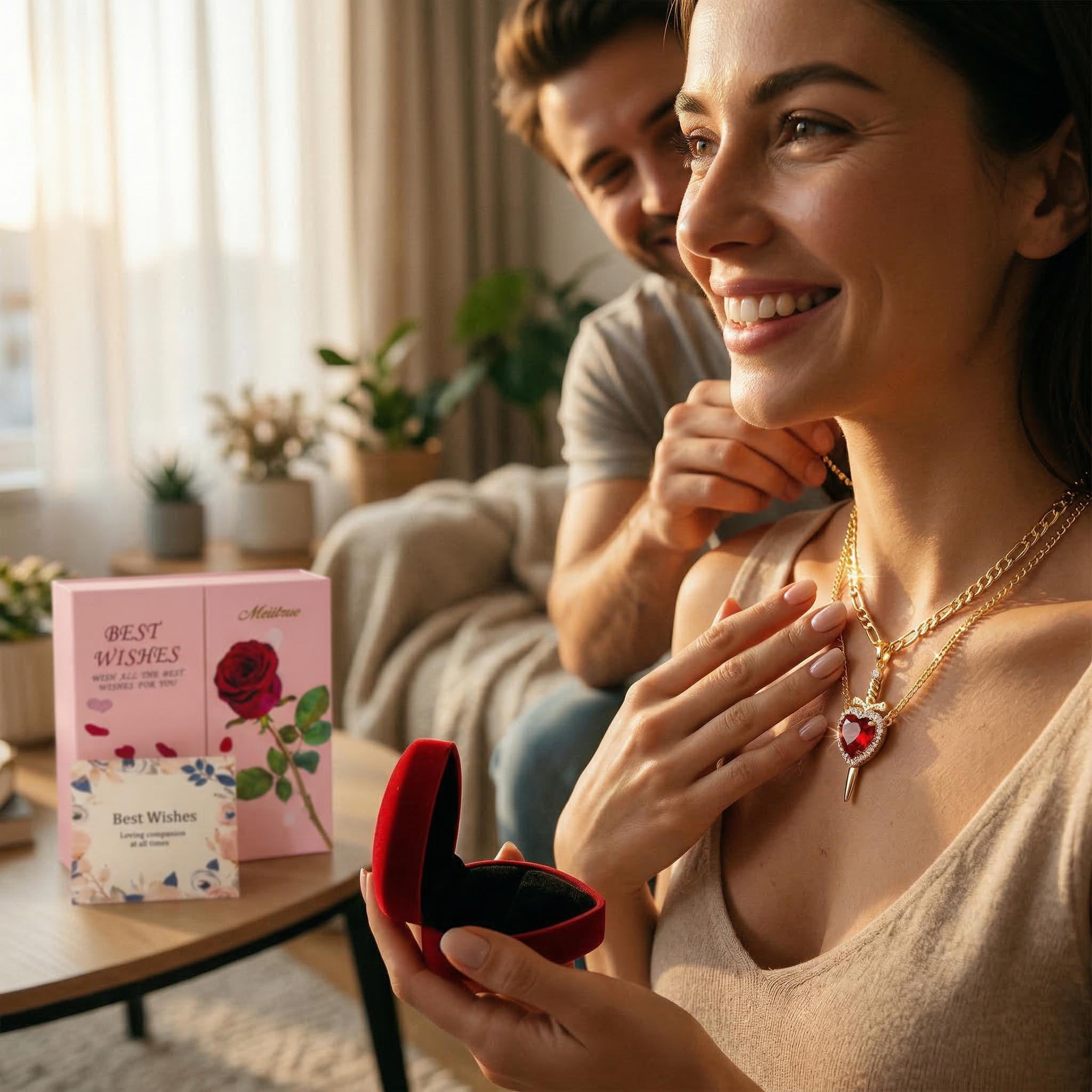 MEIITRUE 14K Gold Plated Heart Pendant Necklaces for Women Men, Zirconia Dagger Cross Pendant Necklace, Elegant Jewelry Gift for Couples