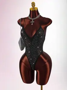 Y2K INAWLY Women's Christmas Rhinestone Glitter Backless Sheer Sexy Black Bodysuit For Party, Autumn/Winter Thanksgiving And New Year