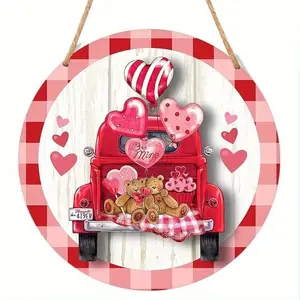 Valentine's Day Wreath Sign, Truck Heart Teddy Bear, Farmhouse Decor, Artificial Wood Hanging Decoration, Easy Chain Hang, 9.2x9.2 Inch, Doorframe Ornament