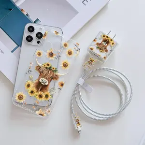6 Piece Set Transparent Sunflower & Cow Phone Case, Charger Protector, Cable Organizer, Storage Rope, Anti-Drop Tpu Cover for iPhone