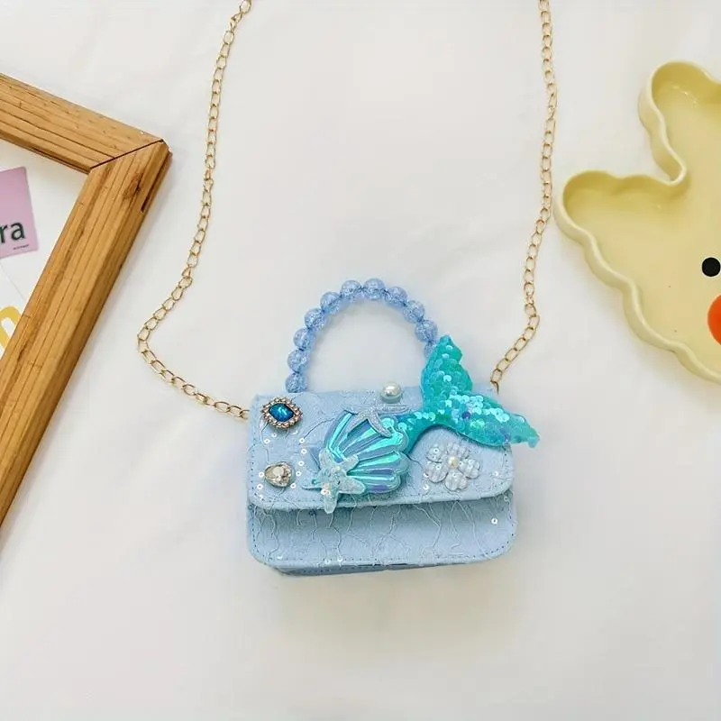 Girls' Casual Street Shoulder Bag with Pearl and Sequin Accents, PU Leather Mini Purse with Metal Chain, Lightweight Sparkly Charm, Mini Compact