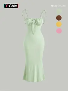 Women's Plain Ruched Lettuce Trim Tie Front Cami Dress, Casual Sleeveless Spaghetti Strap Adjustable Tie Shoulder Long Stretchy Bodycon Dress for Summer, Ladies Clothes for Beach Holiday