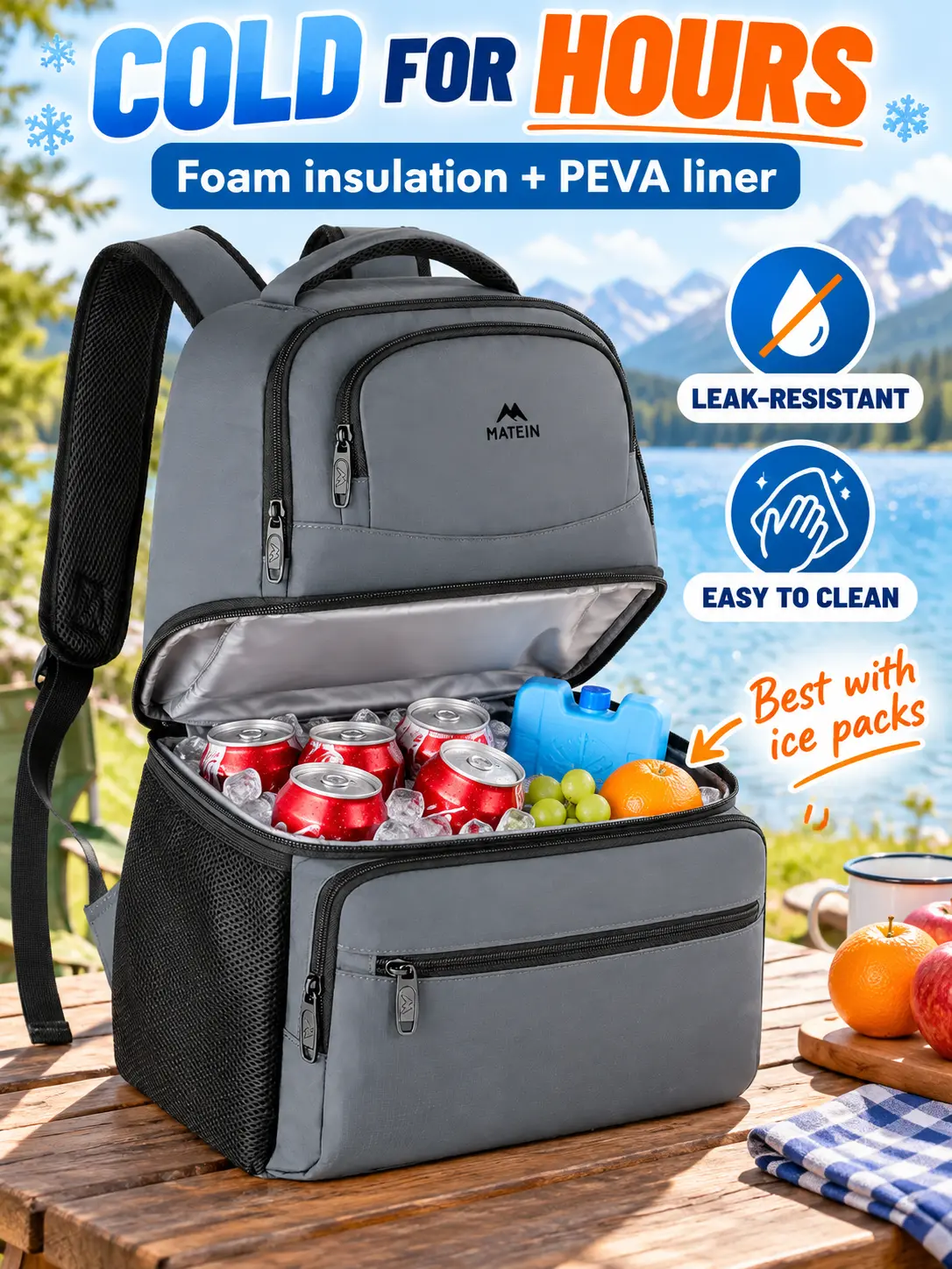 MATEIN Cooler Backpack for Men Women, 26 Can Insulated Backpack Cooler, Leakproof Cooler Bag for Work, Lunch, Beach, Camping & Outdoor