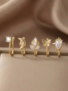 5-Piece Moon Face Crown Butterfly Geometric Rhinestone Nose Clips Set, No Piercing Vintage Elegant Design, Adjustable Fashion Accessory, Nose Ring Jewelry, Vintage Body Jewelry
