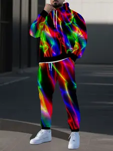Colorful Graffiti Striped Patchwork Hooded Printed Set, Casual Animal Long Sleeve Hoodie + Leisure Pants 2 Piece Set, Unisex Couple Wear