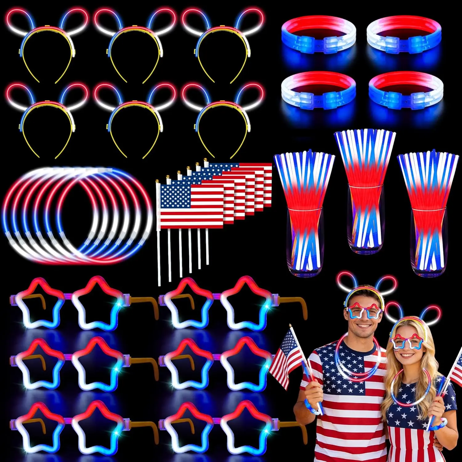 114-Piece 4th of July RWB Tricolor Mix Glow Sticks Set with Star Glasses, Parade Wave Flags, 4h+ Steady Light Bracelets, Patriotic Party Supplies for Independence Day, Memorial Day Gifts