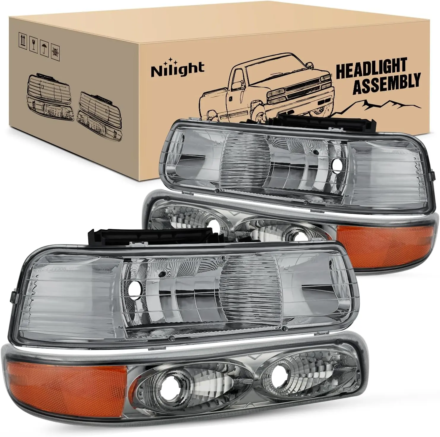 Nilight LED Headlight & Bumper Lights Pair Set - 1221-0025L Chevy Truck Accessory, Brightening ABS Plastic Car Lights, IP65 Waterproof, Adjustable, OE Fit, Plug-n-Play for 1999-2002 Chevy Silverado 1500/1500HD/2500/2500HD/3500, Tahoe, Suburban, Car Lighti