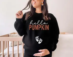 Hello Pumpkin Maternity T-Shirt, Sweatshirt, Hoodie – Cute Pregnancy Fall Halloween Shirt with Baby Footprints, Cozy Mom to Be Outfit, Autumn Baby Announcement Top