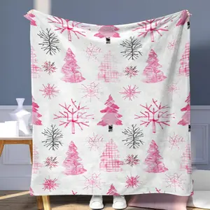 Pink Christmas Tree & Snowflake Pattern Blanket, Soft Comfortable Throw Blanket, Cool Bedroom Bedding Blankets, Warm Napping Blanket for Home & Office, Soft Comfy Blanket