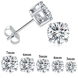 Stud Earrings Set for Women Men Silver  White Gold Plated 6 Prong Graduated Round Clear Cubic Zirconia 3-8mm