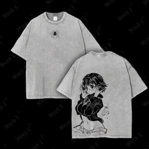 Weeb X Shizuku Hunter X Hunter Anime Double Printed Vintage Washed Tee Unisex Oversize Heavyweight Cotton T-shirt for Anime Fans and Lovers