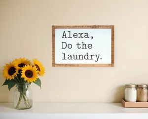 360 stand Wood Wall Plaque Sign - 8x12 in. White & Black "Alexa Do the Laundry" Design, Country Look, Horizontal Only, Wall Mounted Home Decor