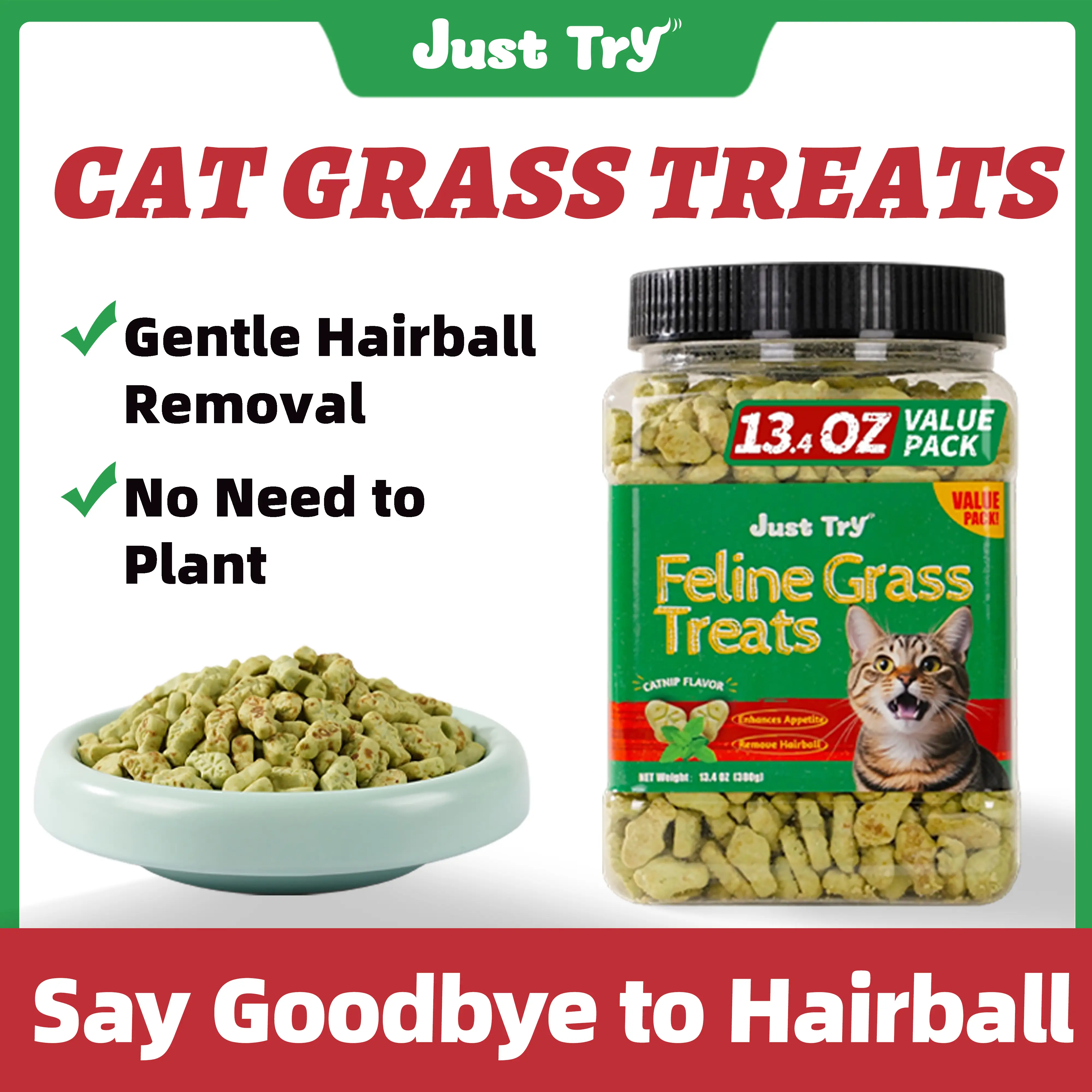 JUST TRY 13.4 OZ Cat Grass Treats Natural Salmon Flavor Healthy Cat Snacks Training Biscuits Catnip for Cats Dental and Hairball Control Treats