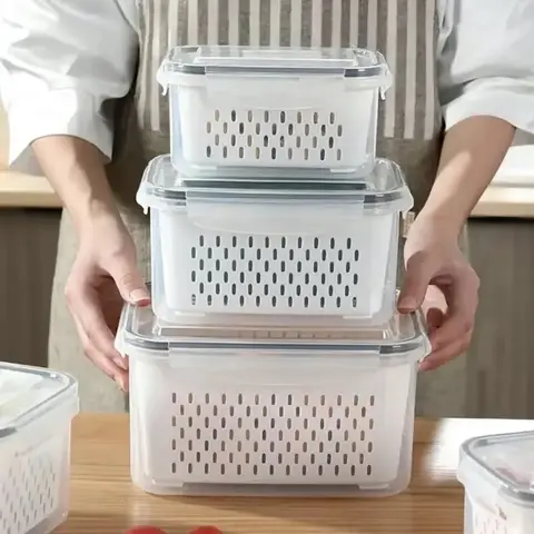 3-Pack BPA-Free Produce Storage Containers for Fridge Food Storage, with Removable Colander & Locking Lids, Stackable Leakproof, Keep Fruits, Vegetables & Berries Fresh Longer
