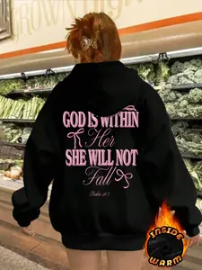"God Is Within Her - Psalm 46:5" Religious Graphic Knit Loose Hoodie - Women's Black Fleece-Lined Oversized Sweatshirt Womenswear
